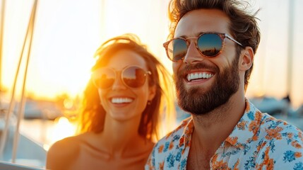 A couple enjoys a tranquil boat ride during the golden hour, capturing a romantic moment amidst serene waters and a picturesque sunset while wearing fashionable summer attire.