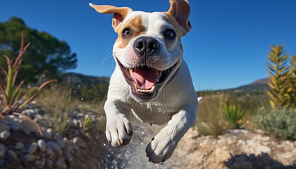 Poster - Cute terrier puppy running outdoors, looking at camera with joy generated by AI