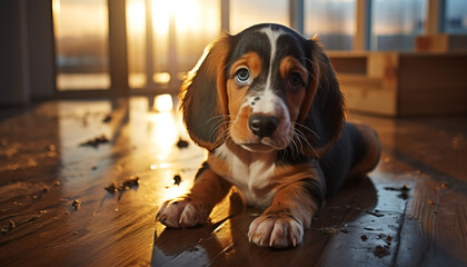 Poster - Cute puppy sitting on hardwood floor, looking at camera generated by AI