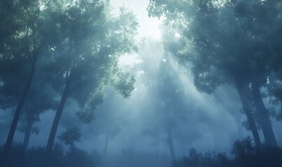 Poster - Background of a Misty Forest with Towering Trees and Soft Bokeh Effect