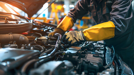 Hand technician of auto mechanic is working on repairing a car.