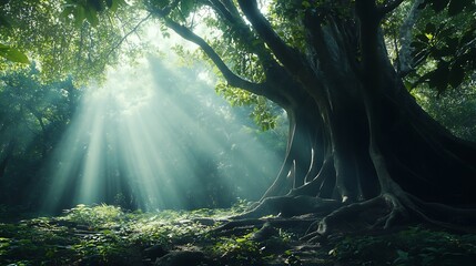 Poster - Background of an Ancient Jungle with Large Trees and Soft Bokeh