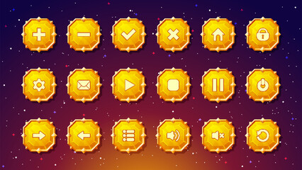 Gemstone buttons with luxury gold frame and set of menu icons for games. Cute and colorful crystals with medieval gold borders for your user interface.