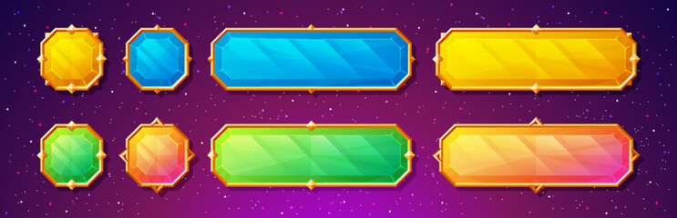 Gemstone buttons with fancy gold frames for games. Cute, colorful crystal banners with gold medieval borders for your user interface.