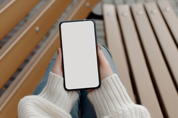 woman sits on a bench holding a phone with a blank white screen in her hand. It is a top view