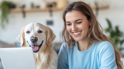 A smiling woman works on her laptop together with her golden retriever dog. They radiate happiness, showcasing the bond and warmth of companionship in a home setting.