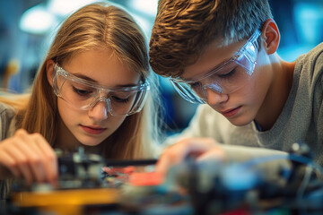 Wall Mural - A teenage girl and boy in a science classroom, wearing safety glasses, intensely collaborating on an electronic device, analyzing its inner workings. Realistic art style with detailed focus.
