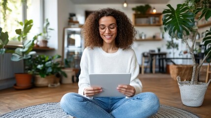 Wall Mural - A happy woman wearing a white sweater and glasses is sitting cross-legged on the floor in a stylish indoor space, smiling as she uses her tablet.