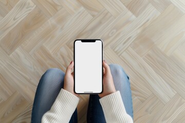 woman sits on a bench holding a phone with a blank white screen in her hand. It is a top view