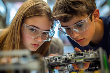 Wall Mural - Teenagers in science class, safety glasses on, working together on an electronic gadget, exploring its internal parts with focused attention. Realistic artwork capturing their engagement.