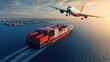 © stockpro - A cargo ship sailing in the ocean with a plane flying overhead, symbolizing global transportation and trade.