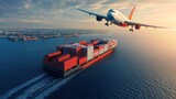 A cargo ship sailing in the ocean with a plane flying overhead, symbolizing global transportation and trade.