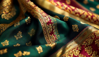 Poster - Background Featuring Indian Silk Sari with Luxurious Fabric and Gold Embroidery