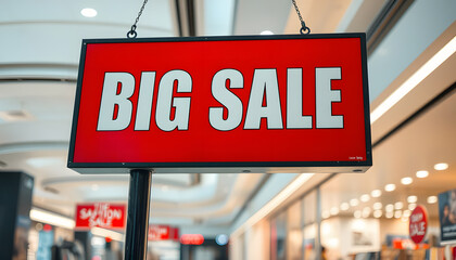 Close-up of sign with big sale in shopping mall isolated with white highlights, png