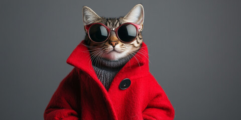 A fashionable cat in a vibrant red coat and sunglasses, showcasing a unique blend of elegance and playfulness