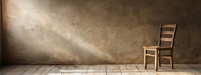 Wall Mural -  A wooden chair, casting its shadow onto the floor, rests in front of a wall