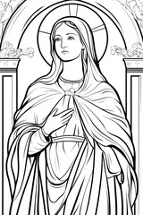 Our Lady, Virgin Mary, coloring book page, monocolor christianity illustration