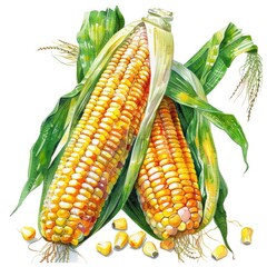 Poster - Hand-drawn Watercolor Corn Harvest. Fresh Sweet Corn Cob Illustration on White Background