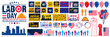 © Neelrong - set of mega bundle USA Happy Labor Day celebration construction tools, Safety hard hat, helmet, crane, usa flag, balloon, social media post banner, and background pattern  template. Labour day banner.