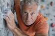 © Milos - An older man with grey hair and blue eyes, focused intently, climbs an indoor rock climbing wall, demonstrating physical endurance and mental strength.