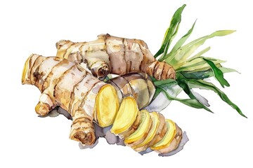 Canvas Print - Hand-drawn Watercolor Illustration of Fresh Galangal Rhizome with Herbal Extract Tincture