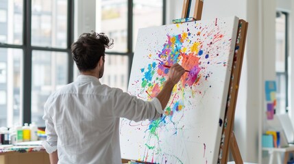 Vivid Creativity: Artist Splattering Paint on Large Canvas in Modern Art Studio