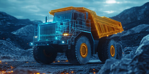 mining dump truck given a futuristic touch, with orange lines giving it a holographic vibe. There are also digital schematics in the background, like we’ve stepped right into the future of mining