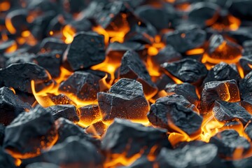 Close-up of glowing coals with bright orange flames, showcasing heat, energy, and the intense power of combustion.