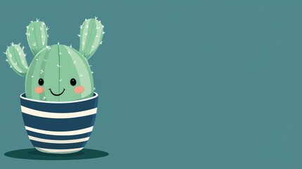 Cute cartoon cactus in a striped pot with a cheerful expression, with a clear area for inserting text.