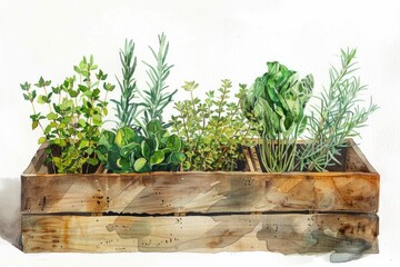 Poster - Hand-drawn Watercolor Kitchen Herbs in Wooden Box. Fresh Seasoning and Organic Ingredients for Cooking