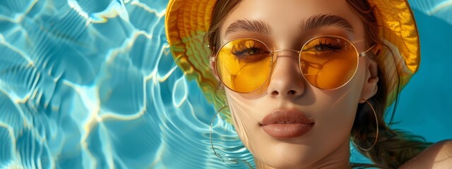 Wall Mural -  A woman wears a yellow hat and sunglasses in a pool