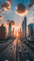 Wall Mural - A city street with cars driving down it and a sunset in the background