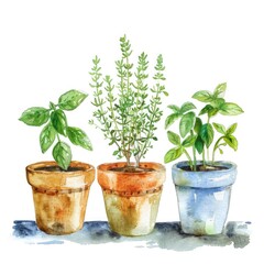 Poster - Kitchen Herb Garden. Hand-drawn Watercolor Illustration of Fresh Herbs in Pots