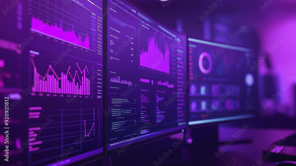 Computer monitor displaying an abstract network monitoring dashboard ...