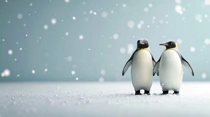  A pair of penguins waddling across an icy landscape, with snowflakes falling 