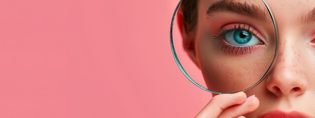 Wall Mural -  A tight shot of a person peering at a woman's eye through a magnifying glass