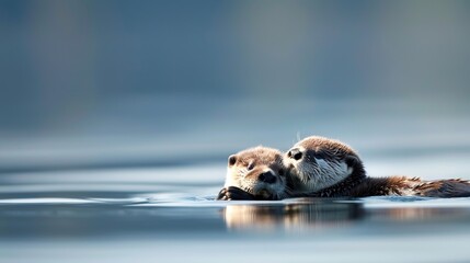 Adorable Baby Otter Floating with Mother, Holding Hands - Heartwarming Family Bonding Moment in the Water