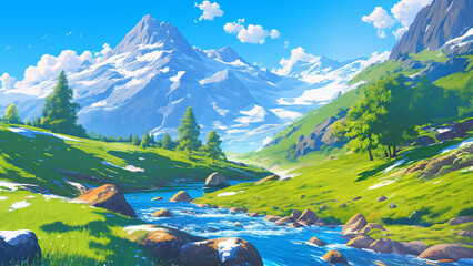 Scenery of mountain streams. Styled like an anime or game background. Blue sky, sunset, sunrise, night, fog, snow, rain, cloudiness, autumn leaves, rainbow, etc.