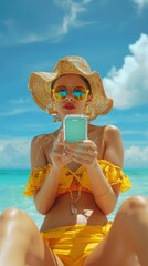 Wall Mural - Woman in bright yellow outfit, wearing sunglasses, straw hat, holding smartphone, sitting on beach, vibrant colors, tropical, sunny atmosphere. Ideal for summer, travel, lifestyle themes.