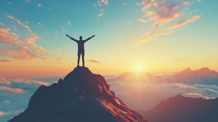 Triumph on Mountain Peak at Sunrise