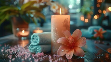 Burning candle, beside a delicate flower, soft towels, scattered pink bath salts, warm, cozy ambiance, evokes relaxation, serenity, perfect for spa, or wellness settings.