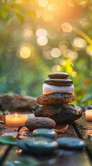 Stacked massage stones, with candles, soft light, natural background, peaceful atmosphere, evokes relaxation, balance, perfect for spa, or wellness themes.