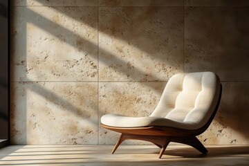 Poster - minimalist beige interior sleek wooden chair against textured wall panel soft natural light from unseen window