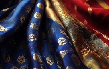 Poster - Detailed Shot of Handwoven Sari from India with Intricate Gold Patterns