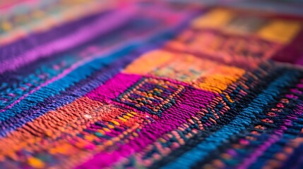 Poster - Close-Up of Traditional Handwoven Textile from Guatemala with Vibrant Geometric Patterns