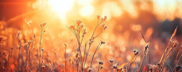  A close-up of delicate wildflowers silhouetted against a warm sunset.