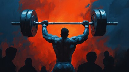 a powerful figure lifts weights against a dramatic background, showcasing strength and determination