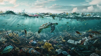 The impact of pollution on oceans and seas. Life in the ocean. Simultaneous underwater and land view