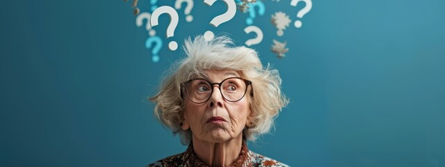 Wall Mural -  A woman in glasses, querying gaze denoted by question marks above her head, set against a blue backdrop