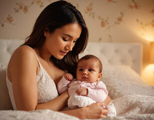 parent holding baby mother breastfeeding a cute baby on bed room